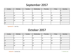 September and October 2057 Calendar