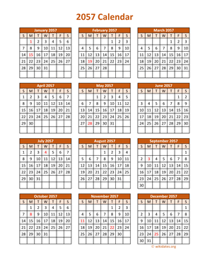 Full Year 2057 Calendar on one page | WikiDates.org