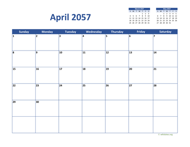 April 2057 Calendar Classic