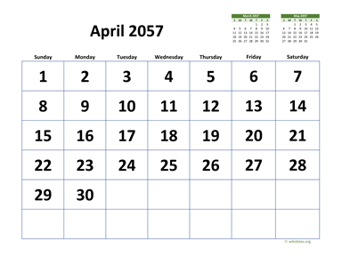 April 2057 Calendar with Extra-large Dates