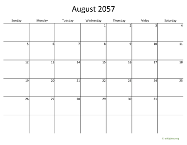 August 2057 Calendar with Bigger boxes