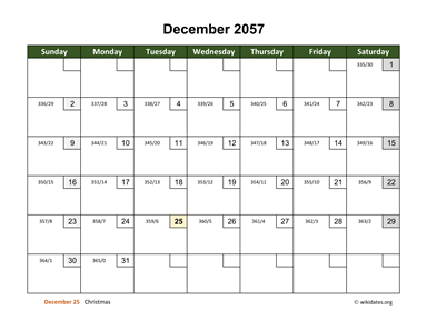 December 2057 Calendar with Day Numbers