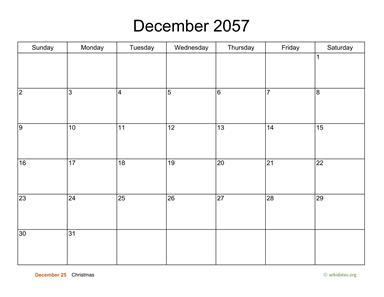 Basic Calendar for December 2057