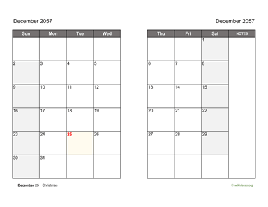 December 2057 Calendar on two pages