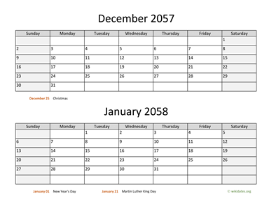 December 2057 and January 2058 Calendar Horizontal