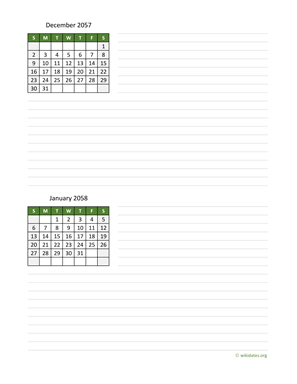 December 2057 and January 2058 Calendar with Notes