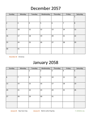 December 2057 and January 2058 Calendar | WikiDates.org