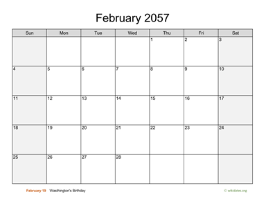 February 2057 Calendar with Weekend Shaded