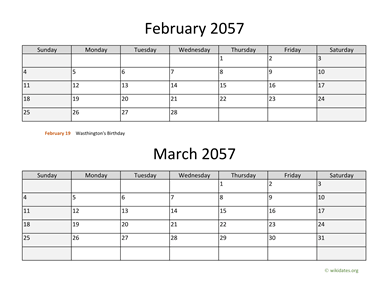 February and March 2057 Calendar Horizontal