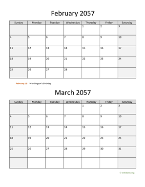 February and March 2057 Calendar Vertical