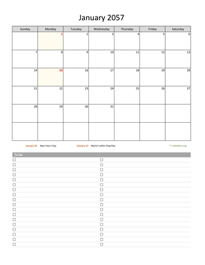 January 2057 Calendar with To-Do List