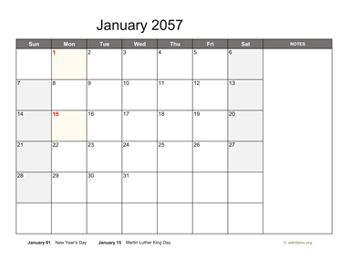 January 2057 Calendar with Notes
