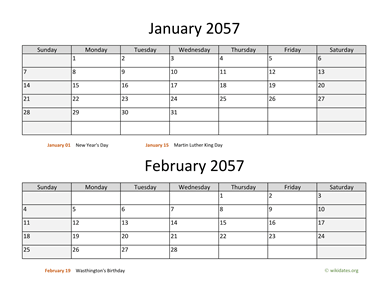 January and February 2057 Calendar Horizontal