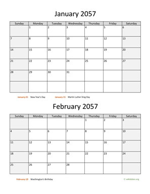 January and February 2057 Calendar Vertical