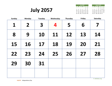 July 2057 Calendar with Extra-large Dates
