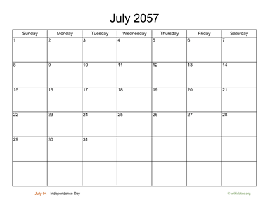 Basic Calendar for July 2057