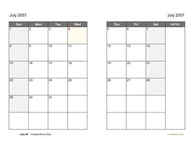 July 2057 Calendar on two pages