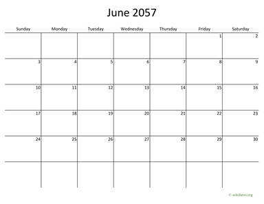 June 2057 Calendar with Bigger boxes