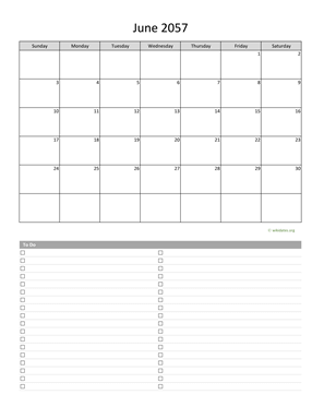 June 2057 Calendar with To-Do List