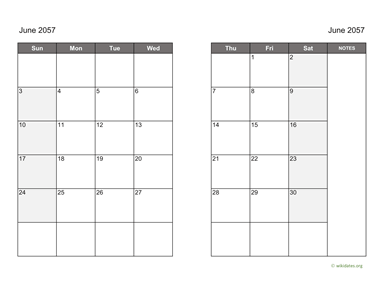 June 2057 Calendar on two pages