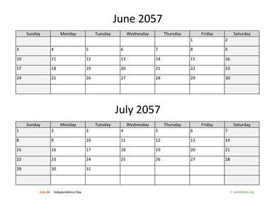 June and July 2057 Calendar Horizontal