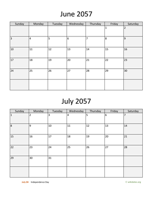 June and July 2057 Calendar Vertical