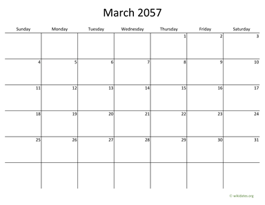 March 2057 Calendar with Bigger boxes