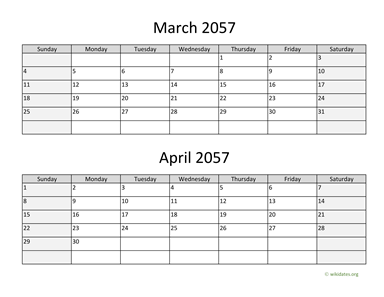 March and April 2057 Calendar Horizontal