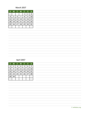 March and April 2057 Calendar with Notes