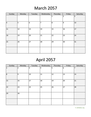 March and April 2057 Calendar Vertical