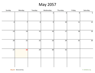 May 2057 Calendar with Bigger boxes