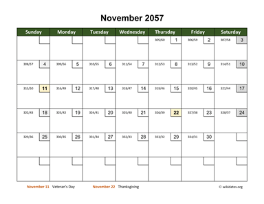 November 2057 Calendar with Day Numbers