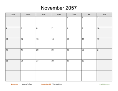 November 2057 Calendar with Weekend Shaded