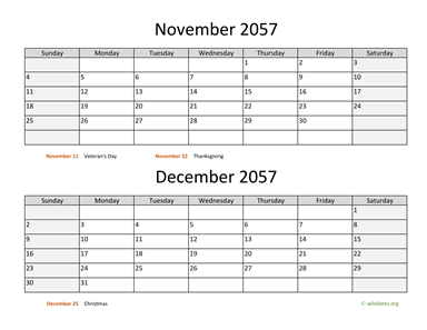 November and December 2057 Calendar Horizontal