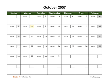 October 2057 Calendar with Day Numbers