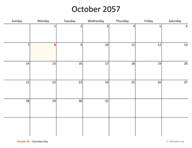 October 2057 Calendar with Bigger boxes