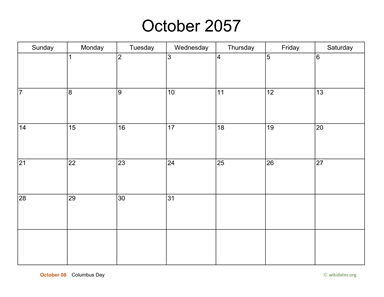 Basic Calendar for October 2057