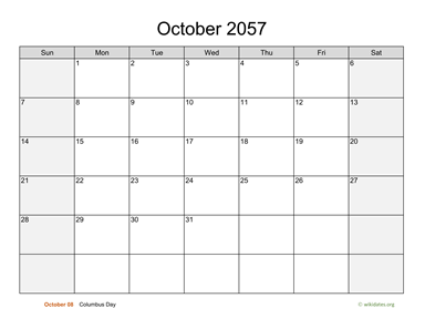 October 2057 Calendar with Weekend Shaded