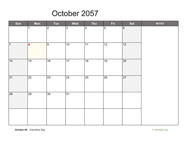 October 2057 Calendar with Notes