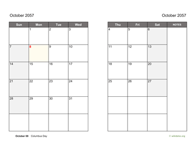 October 2057 Calendar on two pages