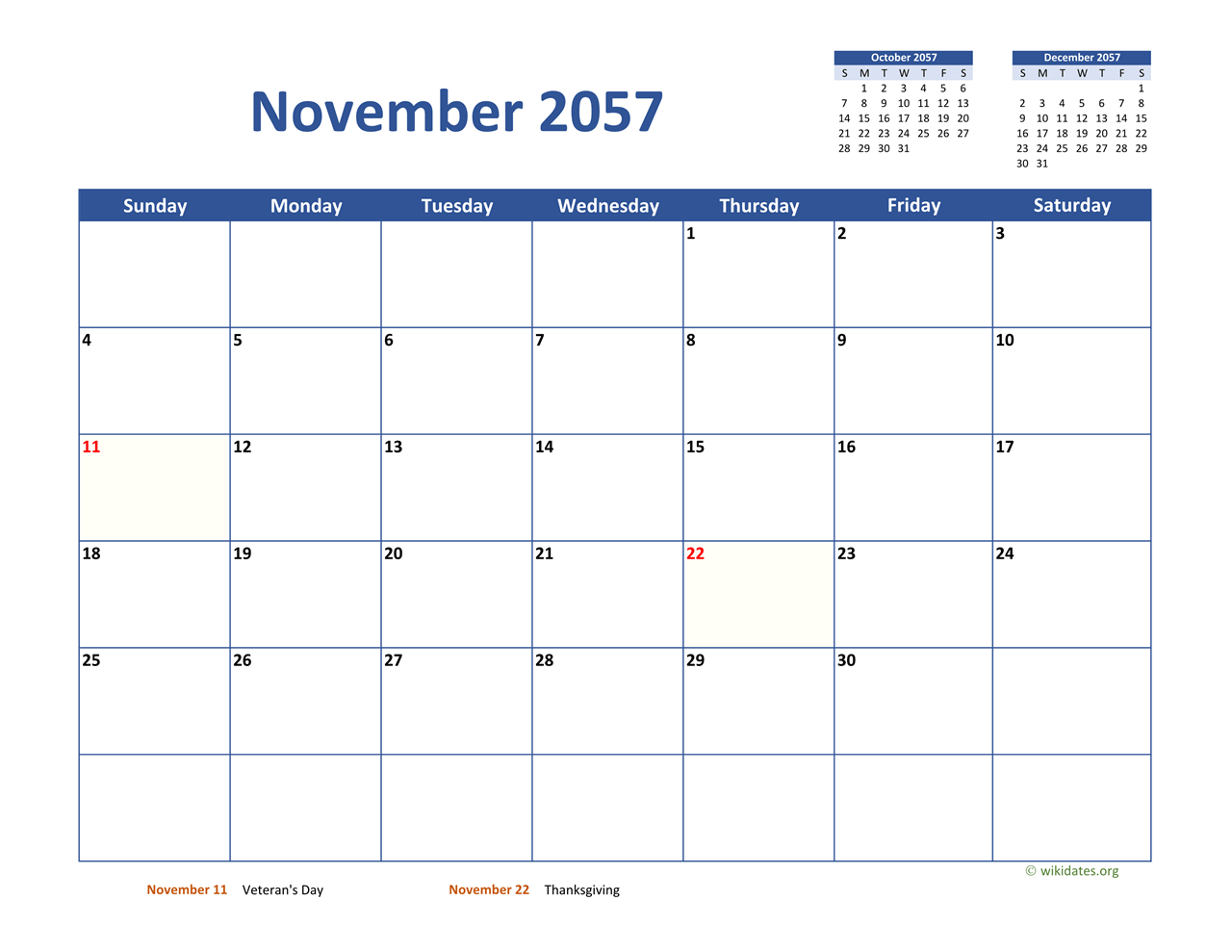 November 2057 Calendar Classic WikiDates