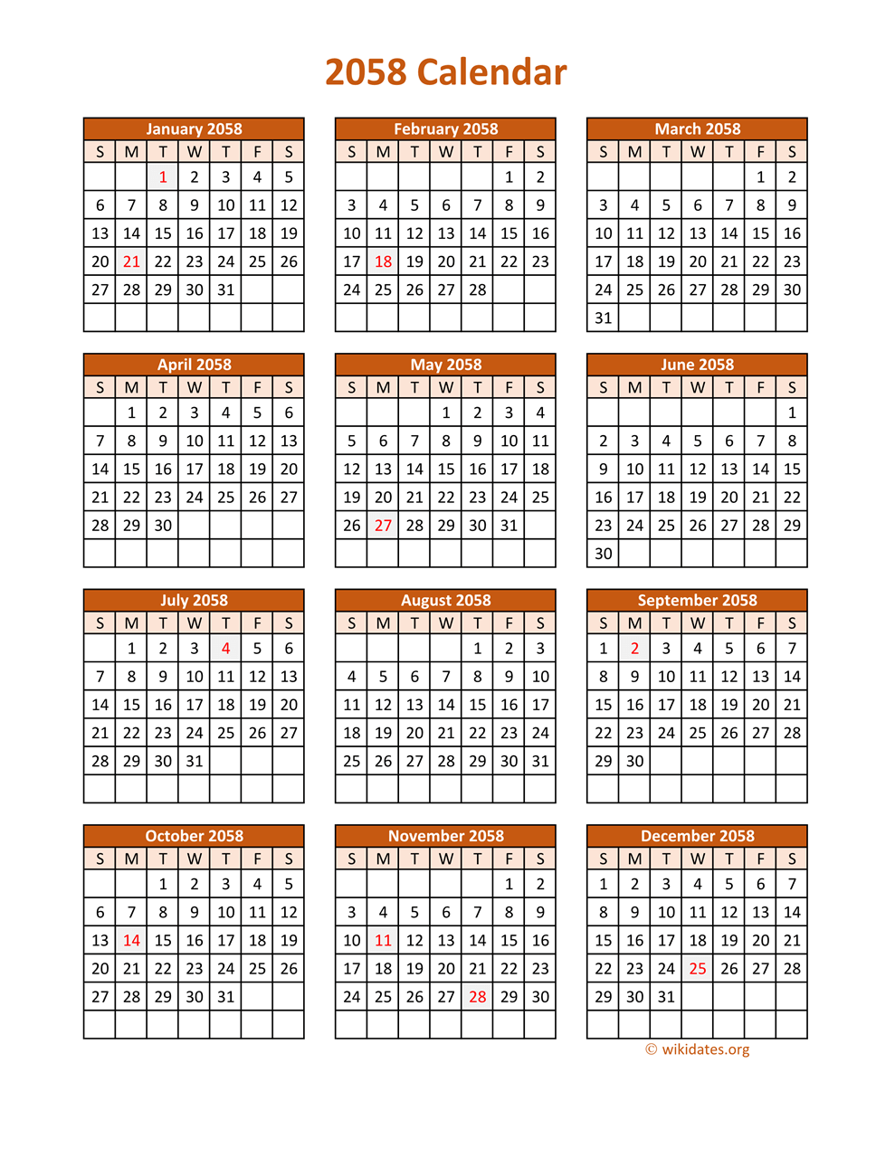 Full Year 2058 Calendar on one page | WikiDates.org