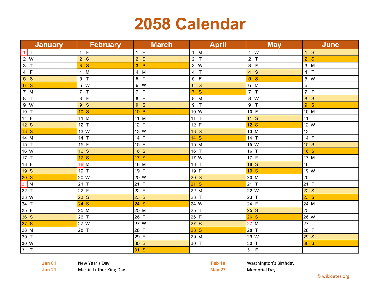 2058 Calendar on 2 Pages, Landscape Orientation
