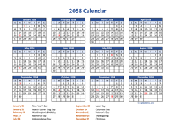 PDF Calendar 2058 with Federal Holidays