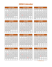 Full Year 2058 Calendar on one page