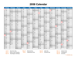 2058 Calendar Horizontal, One Page