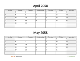 April and May 2058 Calendar