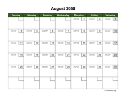 August 2058 Calendar with Day Numbers