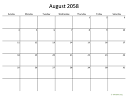 August 2058 Calendar with Bigger boxes