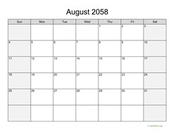 August 2058 Calendar with Weekend Shaded